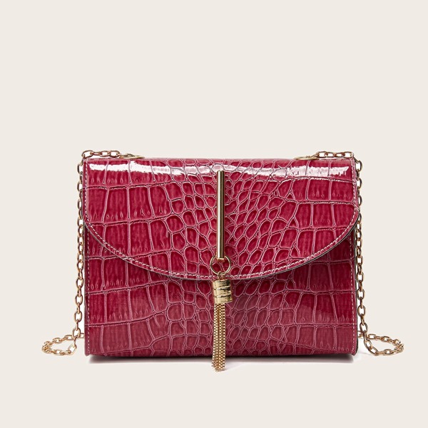 

Metal Tassel Charm Croc Embossed Chain Bag, Burgundy