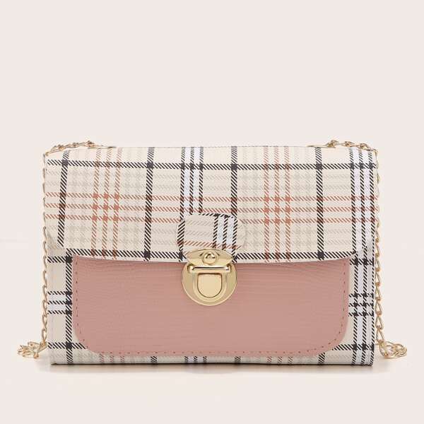 

Push Lock Plaid Chain Bag, Pink
