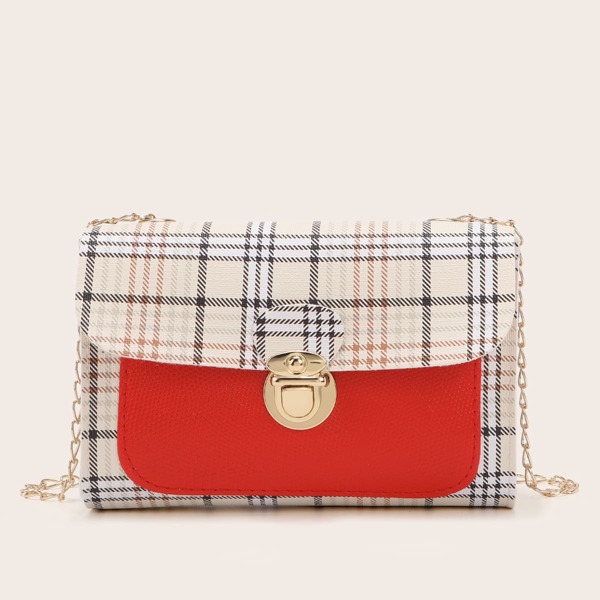 

Push Lock Plaid Chain Bag, Red