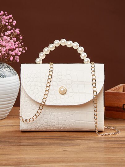 Faux Pearl Handle Croc Embossed Satchel Bag - It's Wedding Season!