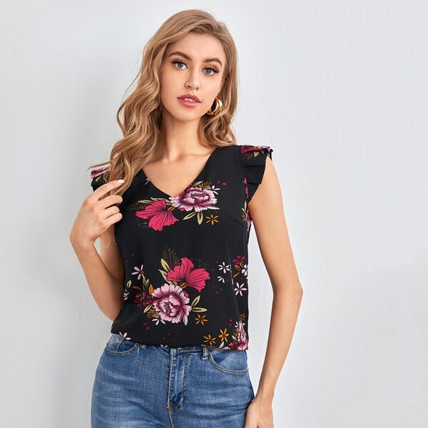 

V-neck Ruffle Armhole Floral Print Top, Black