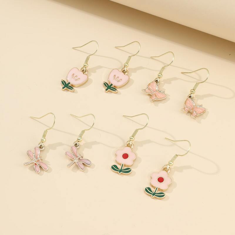 

4pairs Butterfly & Floral Drop Earrings, Baby pink