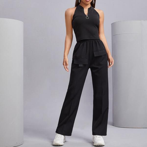 

Half Zipper Halter Top With Cargo Pants, Black