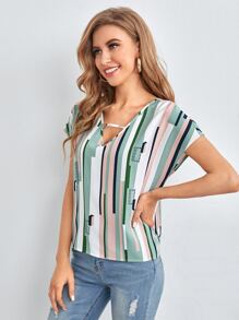 SHEIN LUNE 鏤空v領幾何和條紋圖案上衣 - 彩色 - 查看 4