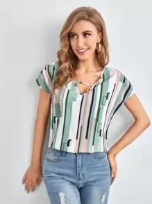 SHEIN LUNE 鏤空v領幾何和條紋圖案上衣 - 彩色 - 查看 5