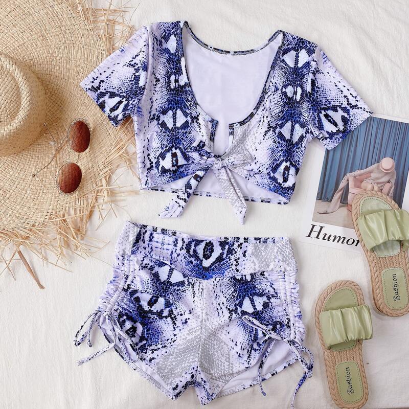 

Snakeskin Print Knot Front Bikini Swimsuit, Blue and white
