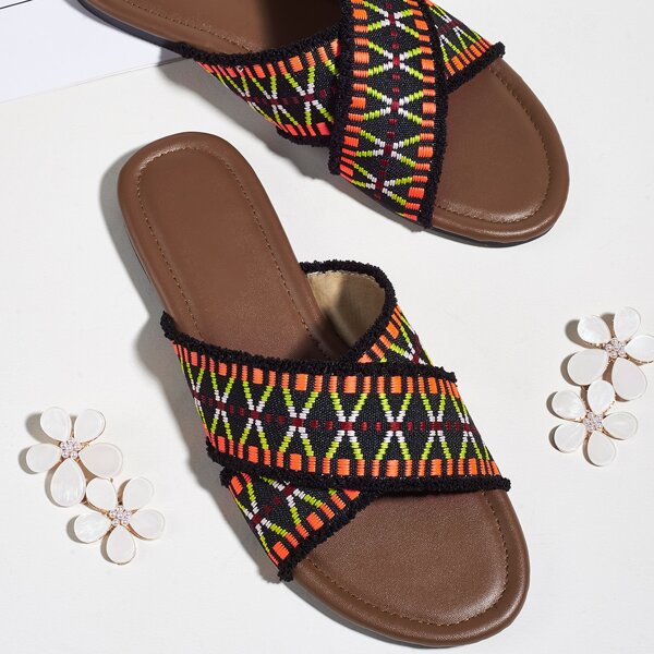 

Geometric Graphic Cross Strap Slide Sandals, Multicolor