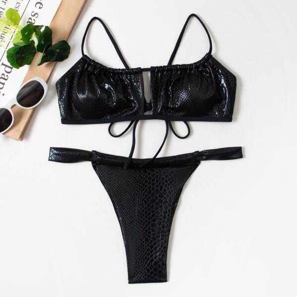 

Snakeskin Metallic Thong Bikini Swimsuit, Black
