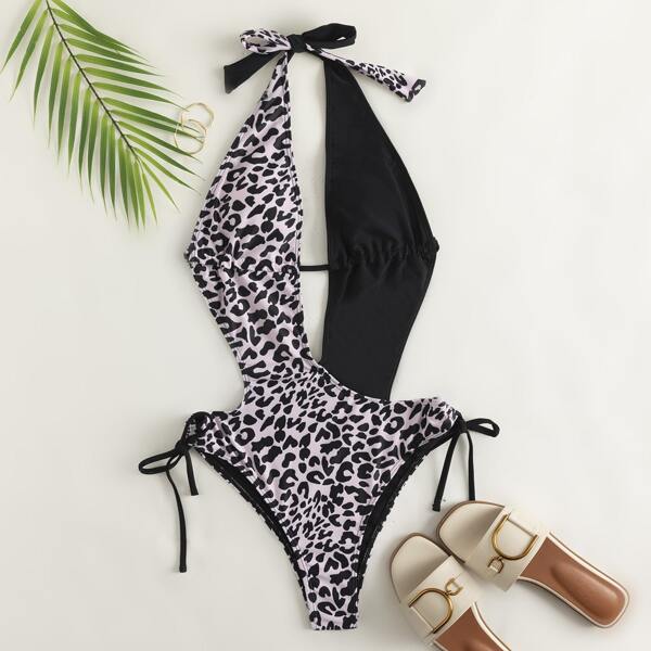 

Graphic Plunging Halter One Piece Swimsuit, Multicolor
