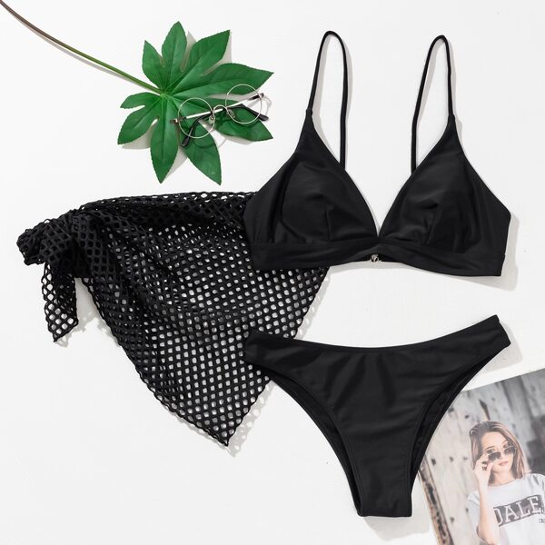 

3pack Bikini Swimsuit & Fishnet Beach Skirt, Black