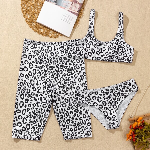 

Leopard Shorts Bikini Swimsuit, Black and white
