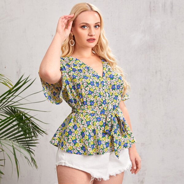 

Plus Flutter Sleeve Ditsy Floral Belted Top, Multicolor