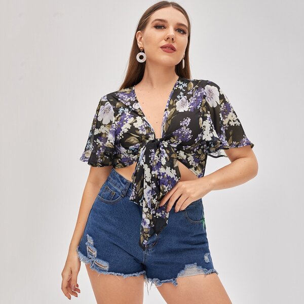 

Plus Flutter Sleeve Tie Front Floral Kimono, Multicolor
