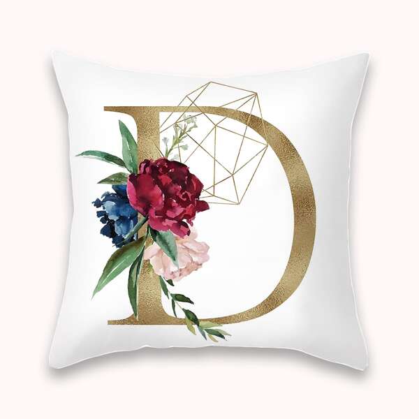

Letter & Flower Print Cushion Cover Without Filler, Multicolor