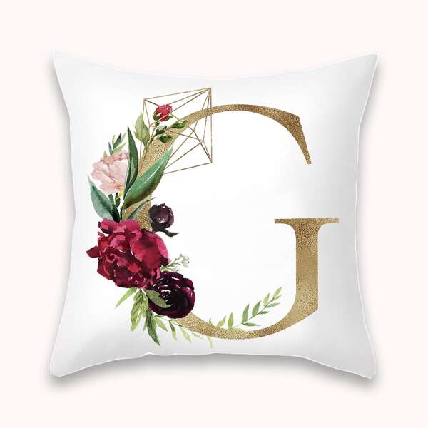 

Letter & Flower Print Cushion Cover Without Filler, Multicolor