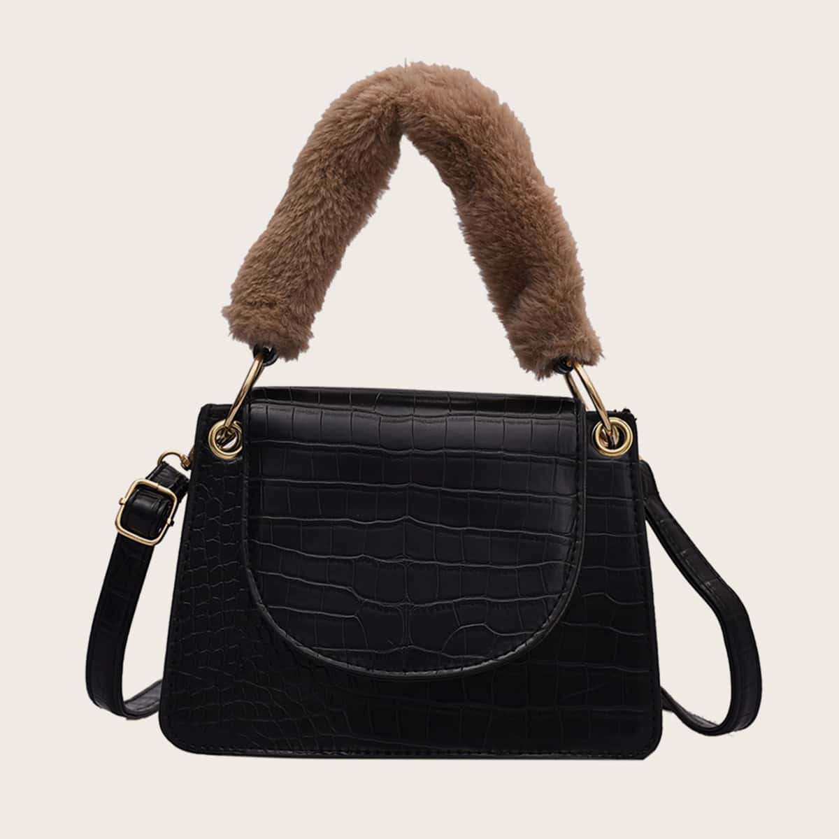 Croc Embossed Fluffy Handle Satchel Bag, Black