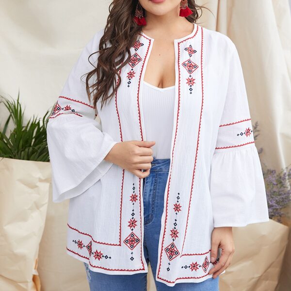 

Plus Graphic Embroidered Open Front Coat, White