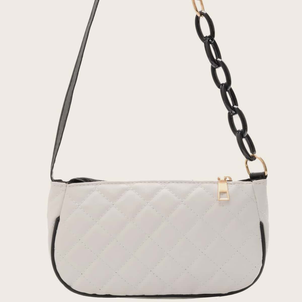 

Quilted Chain Decor Baguette Bag, White