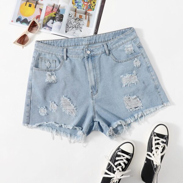 

Plus Raw Hem Ripped Denim Shorts, Light wash