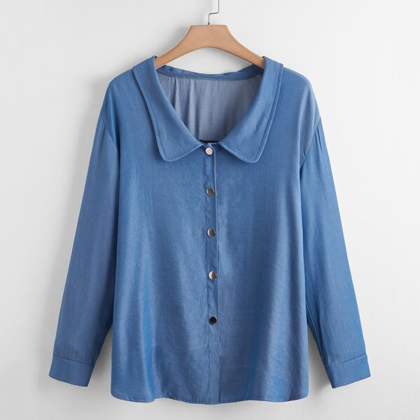 

Plus Button Up Solid Denim Shirt, Medium wash