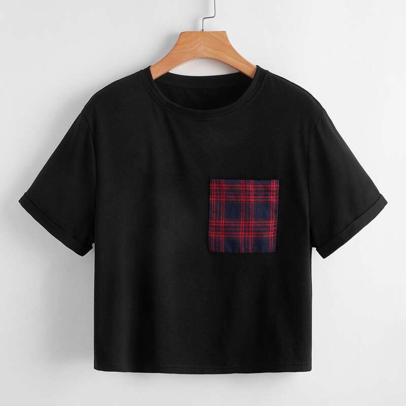 

Contrast Tartan Pocket Tee, Black