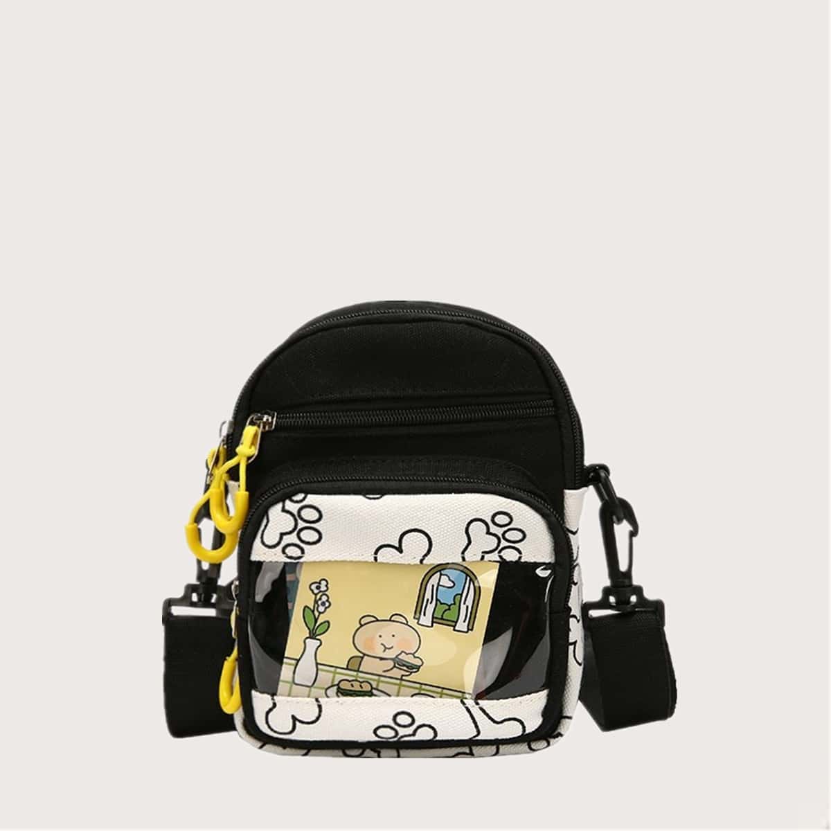 

Cartoon Paw Pocket Front Crossbody Bag, Black and white