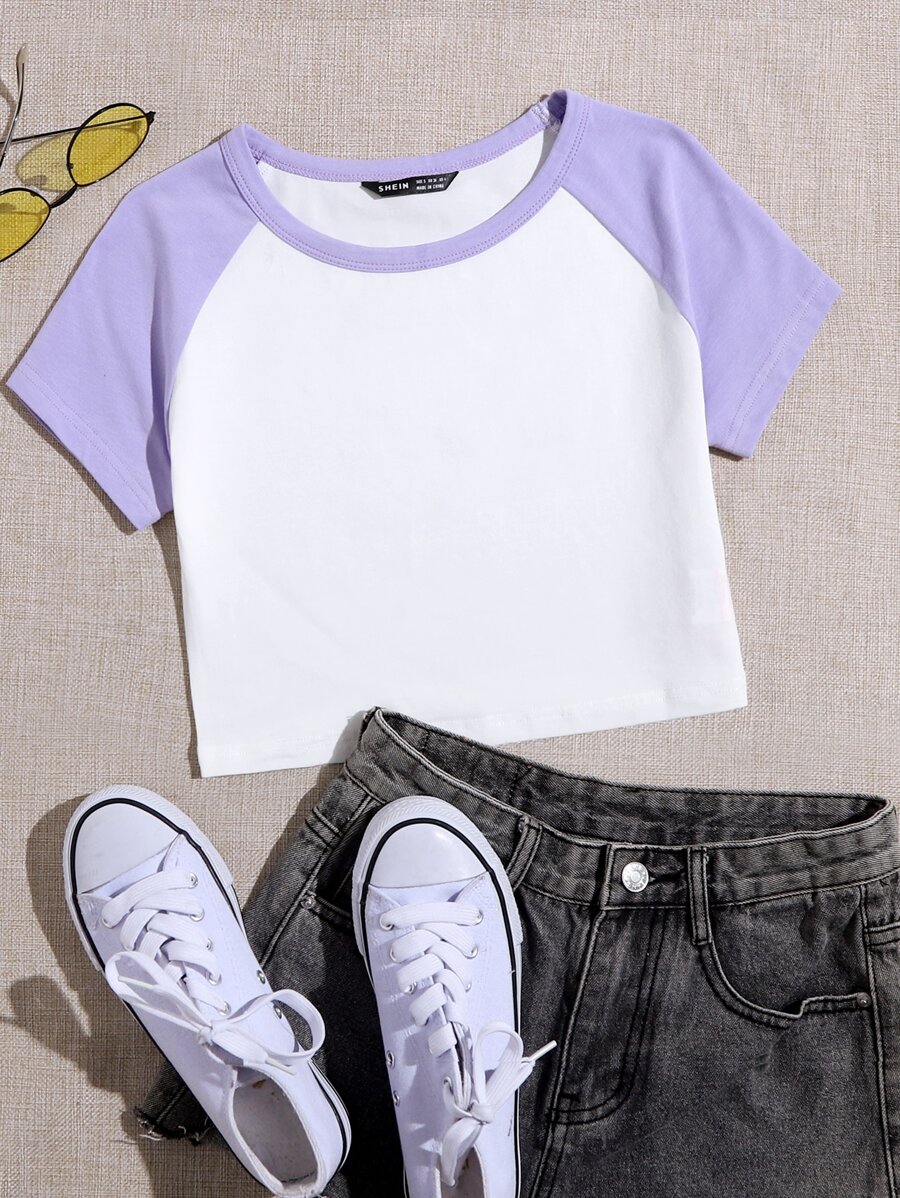SHEIN EZwear Raglan Sleeve Two Tone Crop Top - White - View 1