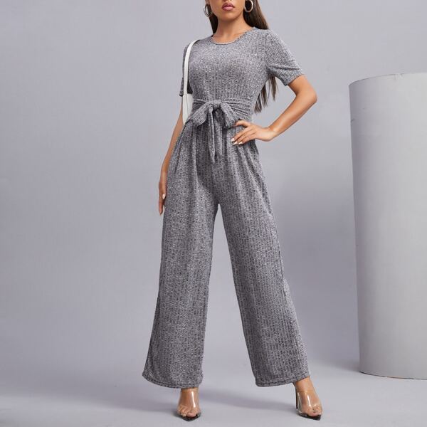 

Space Dye Belted Wide Leg Jumpsuit, Grey