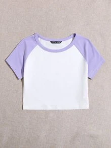 SHEIN EZwear Raglan Sleeve Two Tone Crop Top - White - View 5
