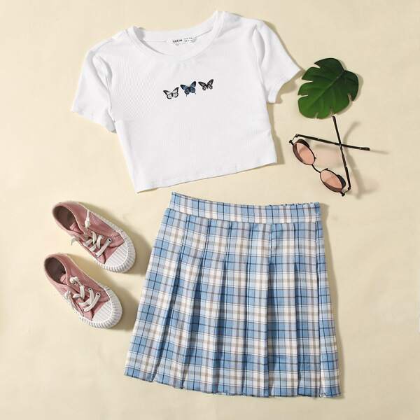 

Girls Butterfly Print Rib-knit Crop Top & Tartan Pleated Skirt Set, Multicolor