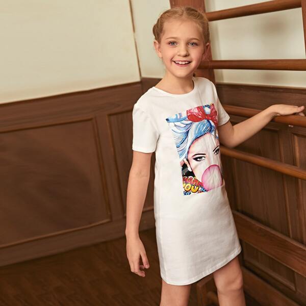 

Girls Figure Graphic Tee Dress, White