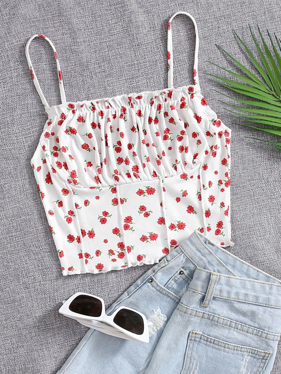 Soleia Ruched Bust Frill Trim Seam Front Cami Top