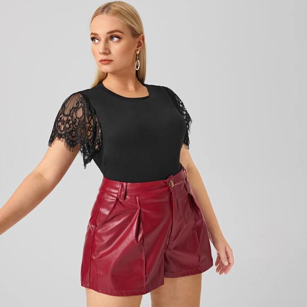

Plus Contrast Lace Sleeve Tee, Black