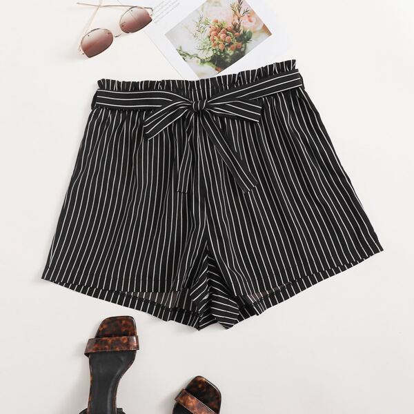 

Plus Striped Belted Paperbag Waist Shorts, Black