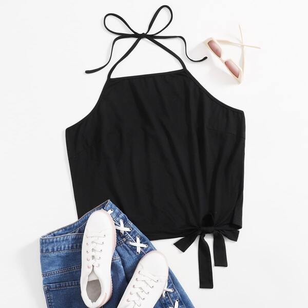 

Plus Solid Knot Hem Halter Top, Black