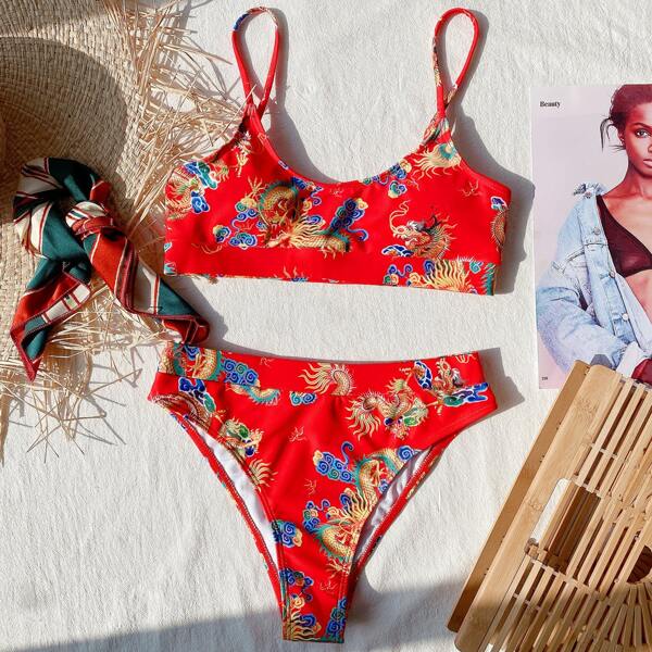 

Chinese Dragon Print High Waisted Bikini Swimsuit, Red