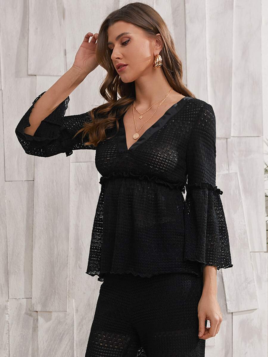 SHEIN Swim Áo choàng peplum tay chuông viền ren, cho kỳ nghỉ hè ở bãi biển - màu đen - Xem 1