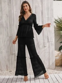 SHEIN Swim Áo choàng peplum tay chuông viền ren, cho kỳ nghỉ hè ở bãi biển - màu đen - Xem 3