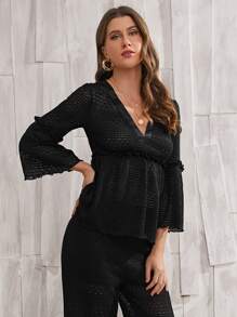 SHEIN Swim Áo choàng peplum tay chuông viền ren, cho kỳ nghỉ hè ở bãi biển - màu đen - Xem 4