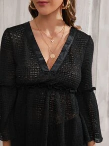 SHEIN Swim Áo choàng peplum tay chuông viền ren, cho kỳ nghỉ hè ở bãi biển - màu đen - Xem 5