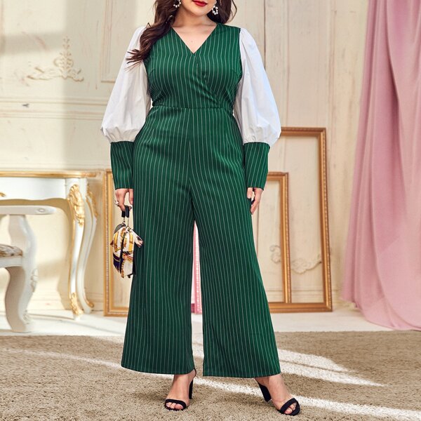 

Plus Colorblock Lantern Sleeve Striped Jumpsuit, Dark green