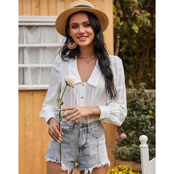 

Peter Pan Collar Button Front Puff Sleeve Blouse, White