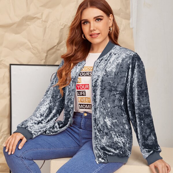 

Plus Zipper Front Velvet Bomber Jacket, Grey
