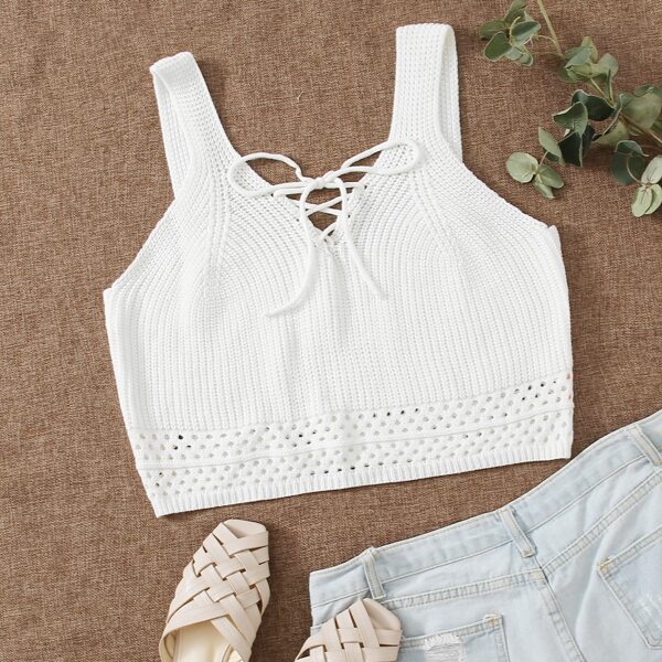 

Plus Lace Up Knot Front Crop Knit Top, White