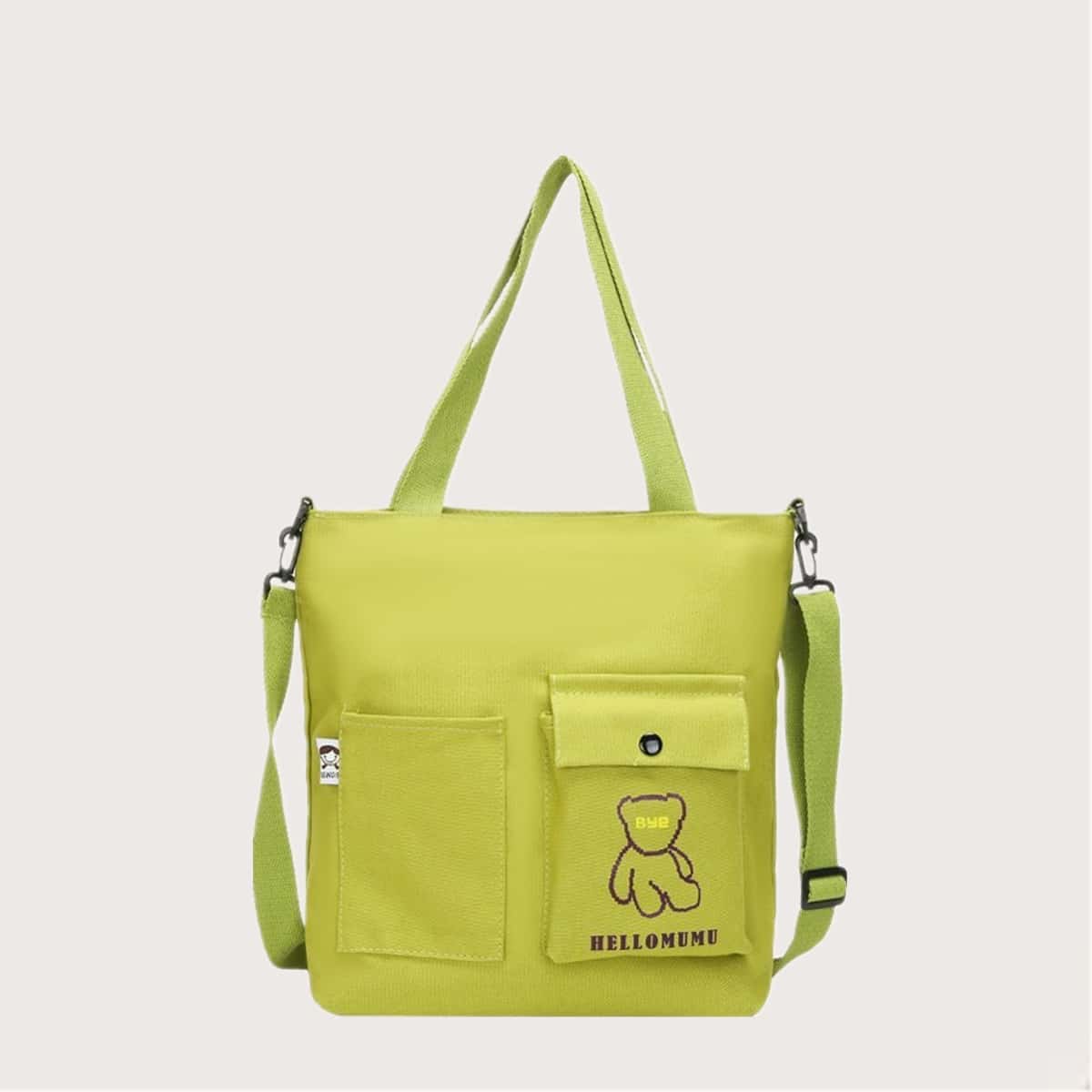 

Cartoon Pocket Front Tote Bag, Green