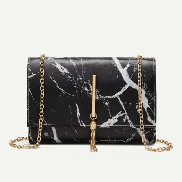 

Metal Tassel Charm Marble Print Chain Bag, Black