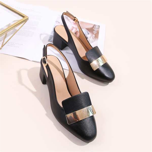 

Metal Decor Chunky Heeled Slingback Pumps, Black