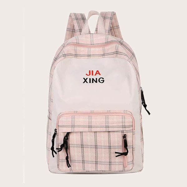 

Plaid Pocket Front Backpack, Pink