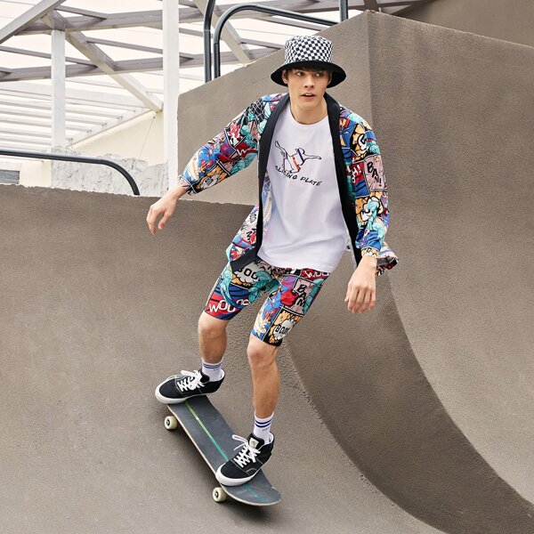 

Men Pop Art Print Kimono & Shorts, Multicolor