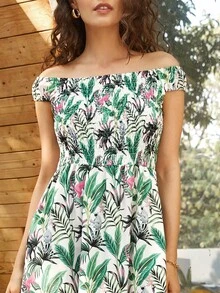 Off Shoulder Shirred Split Thigh Tropical Print Dress - Multicolor - View 3